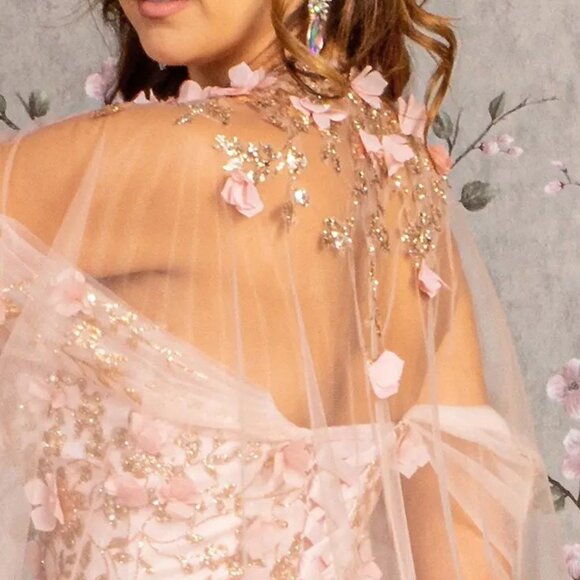 New Maxi Sleeveless Mesh Dress w/ Floral Applique & Removable Cape  GL3179 - Picture 5 of 11